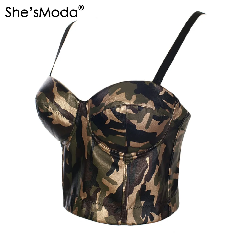 She'sModa Camo PU кожа Bralet женщин Бюстье Бюстгальтер Клуб Партия Обрезанные Топ Жилет