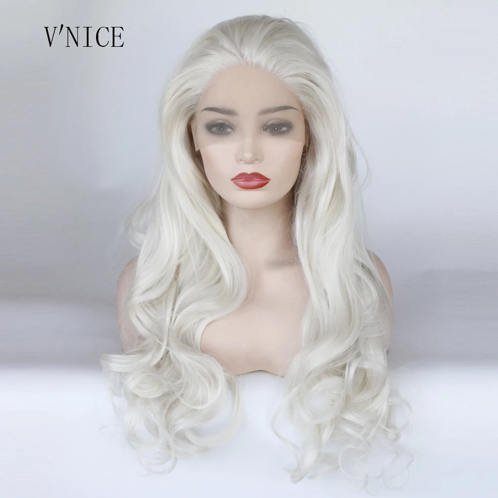

V'NICE Natural Long Body Wavy Platinum Blonde Wig High Temperature Fiber Brazilian Hair Synthetic Lace Front Wig for Wig