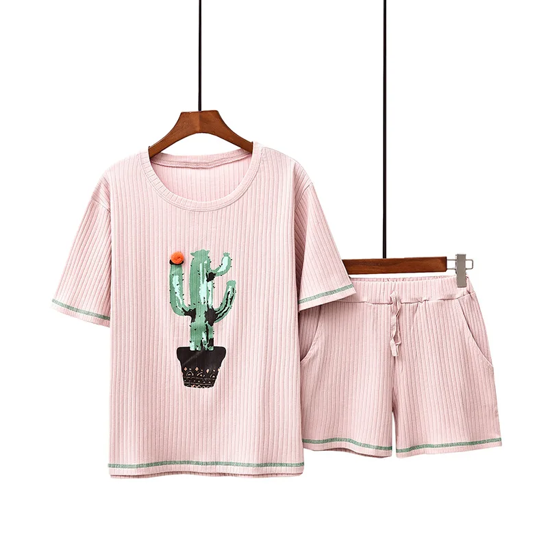 pink Летняя хлопковая удобная женская пижама, комплект с принтом кактуса, с короткими рукавами, с круглым вырезом, шорты со шнуровкой, домашняя пижама для женщин - Цвет: pink