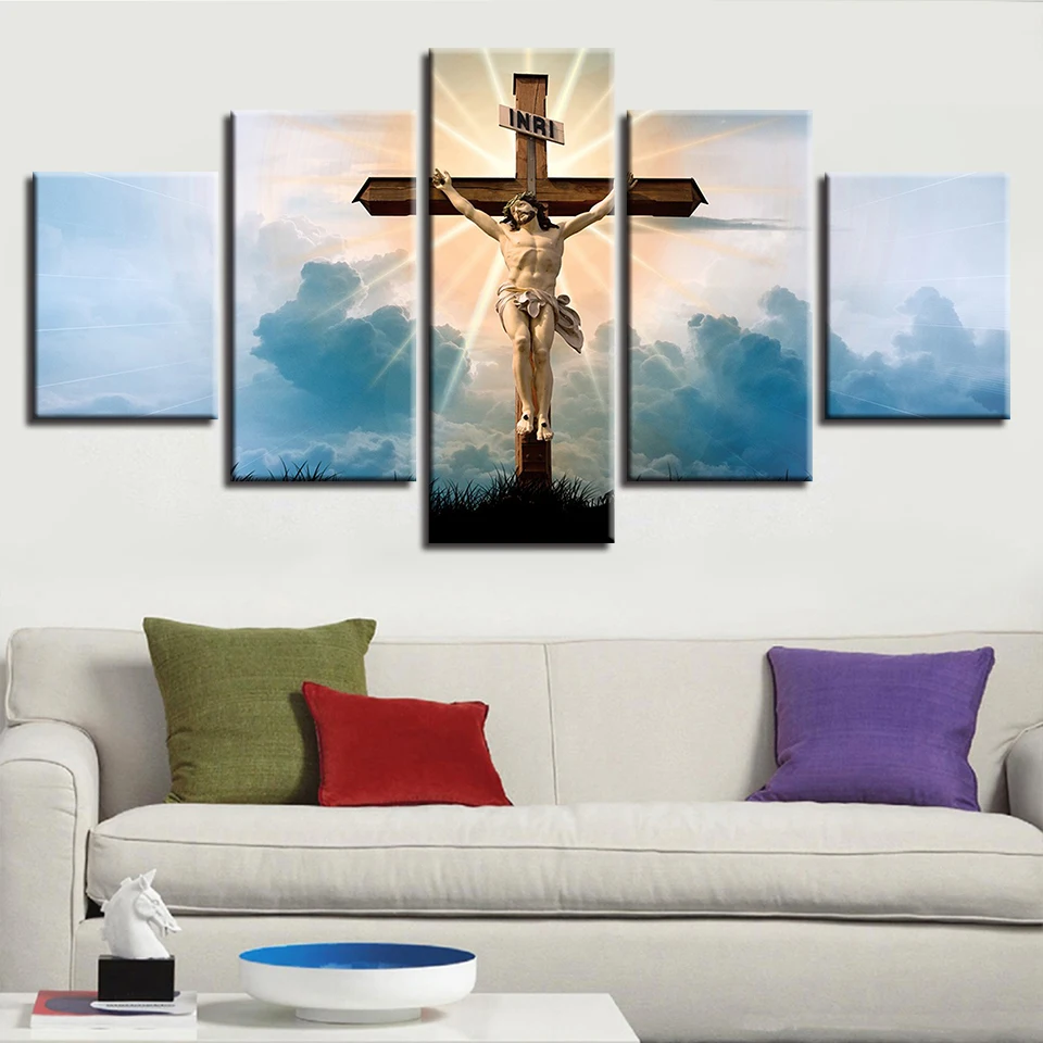 Modular Canvas Painting Poster 5 Pieces Christian Religion Jesus God Picture Cross Sunshine Scenery Modern Prints Decor Wall Art | Дом и сад