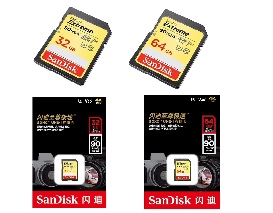 Оригинальная sd-карта SanDisk Extreme SDXC UHS-I 3 4K памяти класс 10 C10 90 Мб/с 600X высокоскоростная карта 64 ГБ 32 ГБ 16 ГБ 128 ГБ 256 ГБ 8 ГБ U3