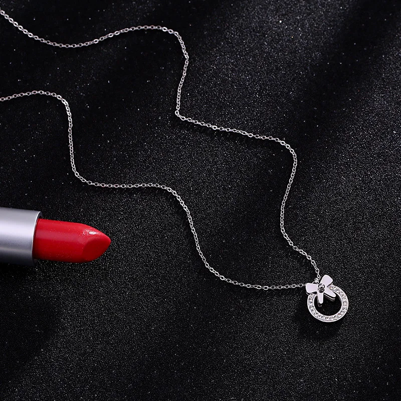 Fashion Cute Bowknot Rhinestone Heart Pendant Women Chain Stainless Steel Necklace Accessories Soft Bow Necklaces &amp Pendants | Украшения