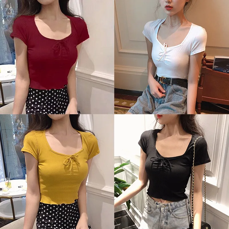 

2019 Women's Summer Fashion O Neck Bow Solid Short Sleeve Knitted T-Shirt Summer Sweet Fashion T-Shirt