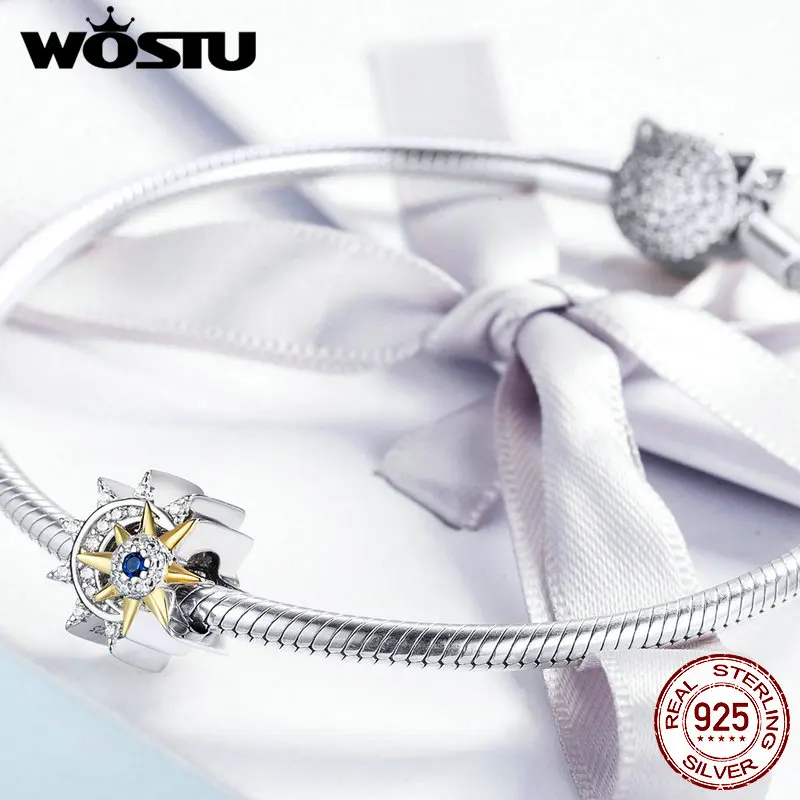 WOSTU Подвески "солнце и луна", 925 пробы, серебро, прозрачный циркон, бисер, подходит для оригинального браслета, браслет, Подвеска серебряные ювелирные изделия, изготовление FIC1137