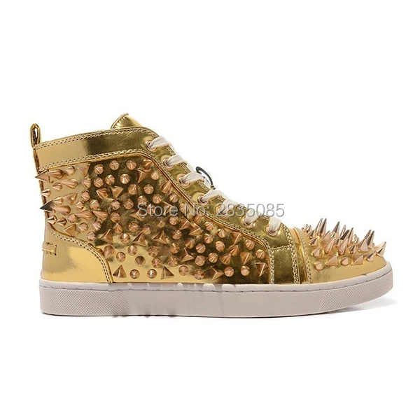 LTTL Black White Gold Mens Trainers Sharp Rivet Studded Casual Botas Rubber Flats Lace Up High Top Spiked Sneakers Man Plus Size | Обувь