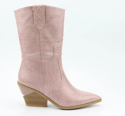 pink short Брендовые женские сапоги; сапоги до колена на толстом высоком каблуке; модная женская обувь с тиснением; осенне-зимние сапоги; коричневые вечерние сапоги под платье; Botas - Цвет: pink short