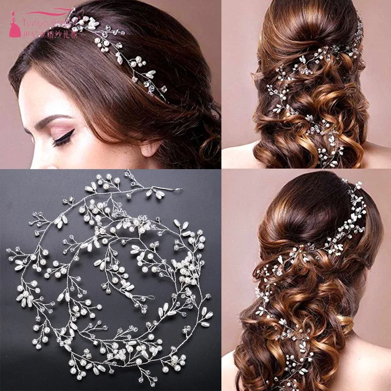 

Long 1M handmade crystal pearl hair band headwear Wedding bridal headband long hair accessories DQG664