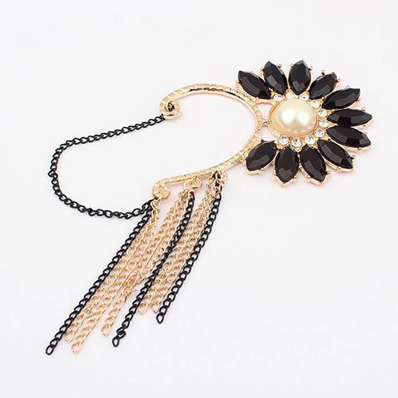 2016 модные Хрустальные черные подсолнухи цепи кисточкой Золотые уши манжеты для