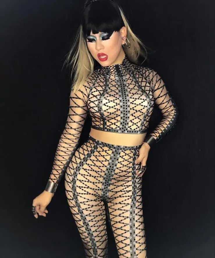 

Glisten Crystals Sexy Rompers Costume Jumpsuit Women's Outfit Black stones gird bandage Bodysuit Birthday Celebrate Wear