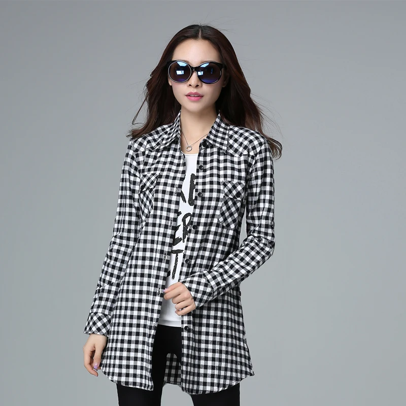 

Fashion lattice Blouse Long Sleeve Shirt Women Blouses Cotton Women Shirts Blue black White lattice Top Blusas Women Tops