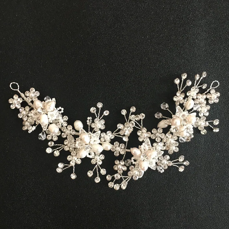 SLBRIDAL, проводные хрустальные стразы, Пресноводный Жемчуг, свадебные аксессуары для волос, повязка на голову для невесты, украшение для подружек невесты