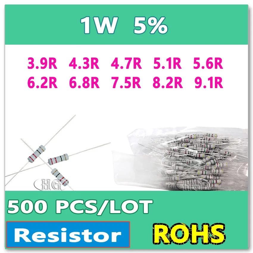 

JASNPROSMA 500PCS/LOT 5% 1W 3.9R 4.3R 4.7R 5.1R 5.6R 6.2R 6.8R 7.5R 8.2R 9.1R carbon film DIP OHM Resistor
