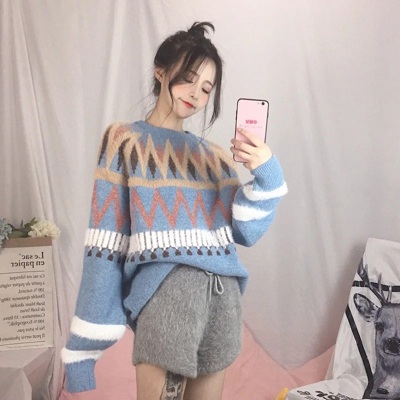 Lychee Girls Geometric Knitted Thick Women Sweater O Neck Long Batwing Sleeve Female Spring Autumn Preppy Style Pullover | Женская