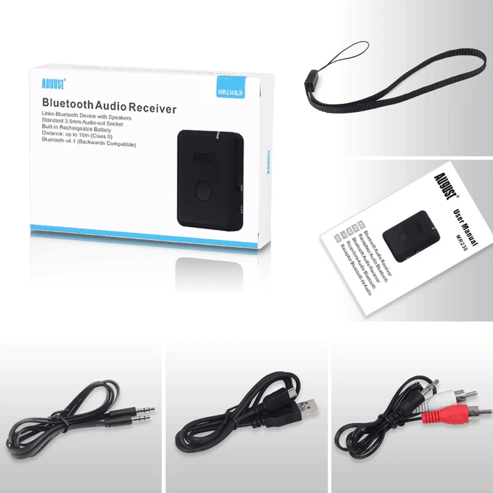 Bluetooth-приемник звука August MR230B_B с технологией aptX Low Latency и аудиовыходом 3.5 мм для автомобиля, колонок