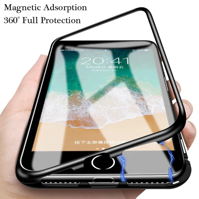 360 двухсторонняя для стекла Магнитная адсорбции чехол телефона iPhone XR XS Max X 8 7 6 S Plus