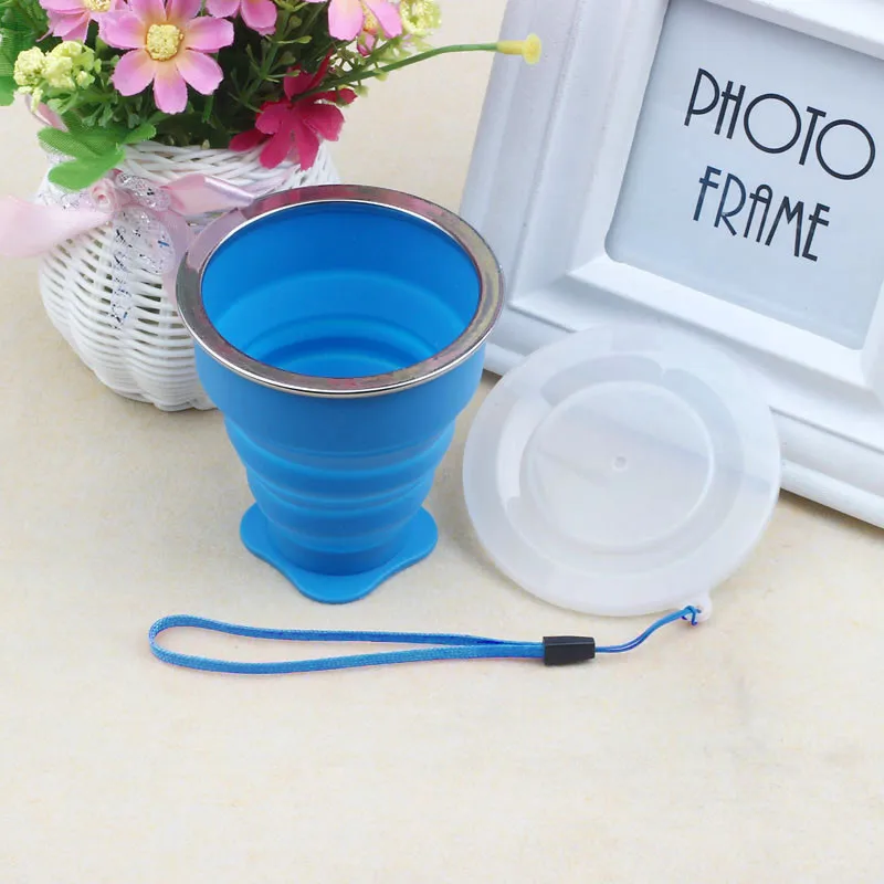 Portable Collapsible Metal ring Transparent Cover Cup Creative Outdoor Travel Folding Retractable Drinking Cups 240ml