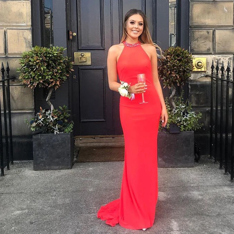 Женское вечернее платье-русалка красное платье с лямкой на шее и открытой спиной
