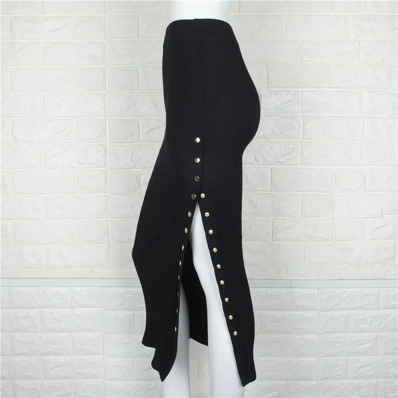 Женские вязаные юбки с разрезом вечерние до бедра на пуговицах и Боковым