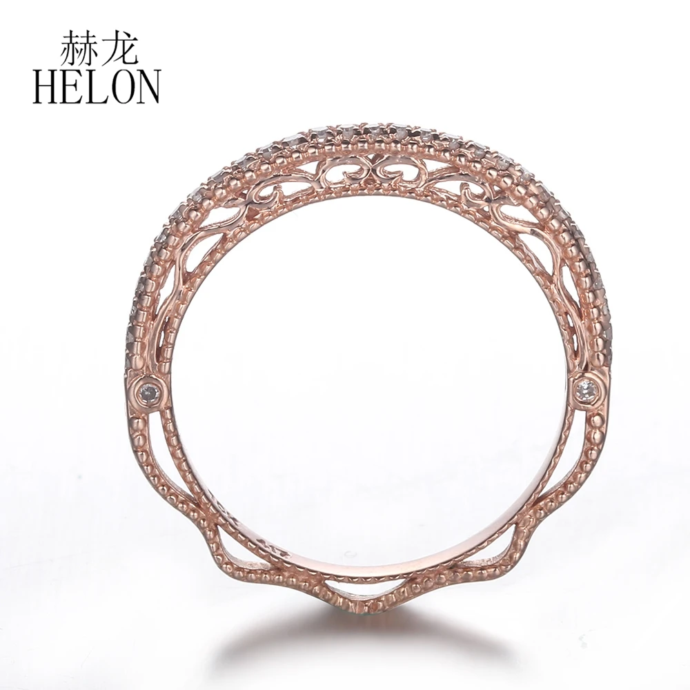 

HELON Solid 14K Rose Gold 0.2ct Round Genuine Natural Diamonds Ring Enagement Wedding Women Vintage Jewelry Elegant Unique Ring