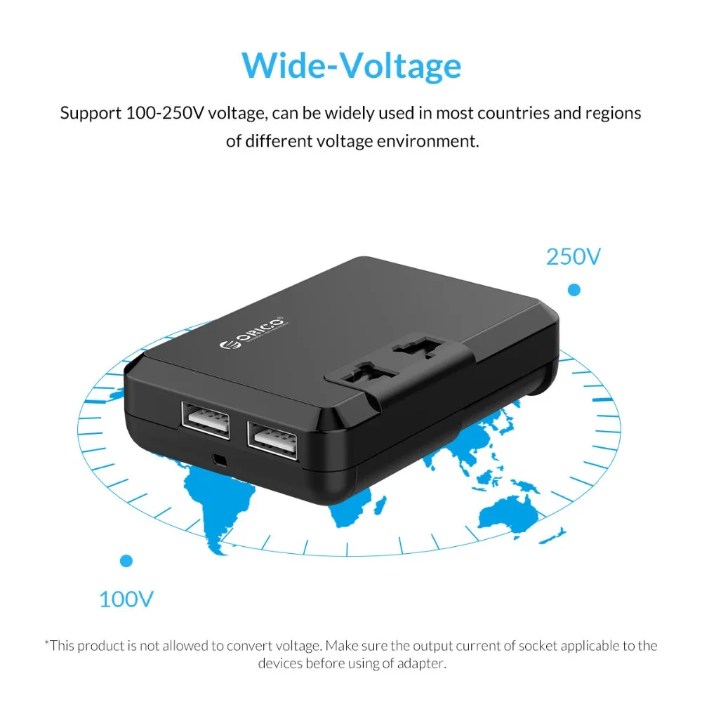ORICO Международный штепсельный адаптер EU/US/UK/AU Для путешествий с 2 портами usb зарядное устройство Универсальный адаптер питания