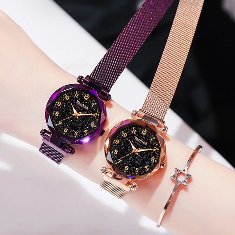 

2020 Hot Sale Women Bracelet Watches Fashion Luxury Magnetic Buckle Stainless Steel Strap Luminous Dial Starry Sky Quartz Watch