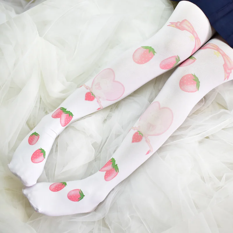 Сладкая Лолита колготки женские белые колготки Kawaii клубника печатные осенне-зимние Чулки Бархатные Теплые Аниме Косплей Колготки