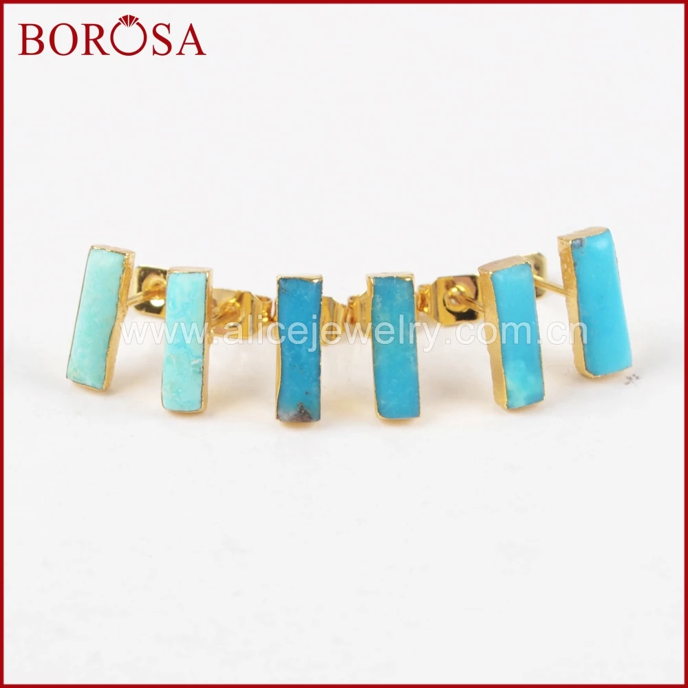 

Borosa натуральных камней Серьги-гвоздики, Мода Прямоугольник Золото Цвет Природный камень голубой Druzy Серьги-гвоздики для Обувь для девочек Д...