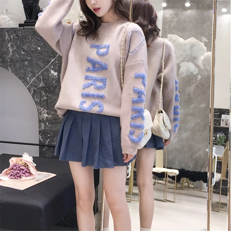 Fashion Women Pullover 2020 Autumn/Winter New Letter Words Sleeves Sweater Loose Knit Thick O-neck Basic/Outwear Khaki Blue | Женская