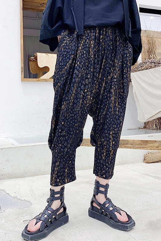 

M-XL! Summer dark personality printing men's Harlan casual pants hair stylist bloomers trend male youth cropped trousers.