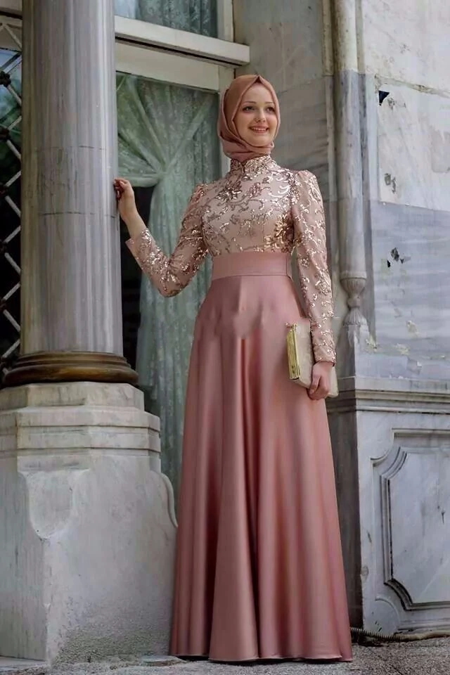 

2019 Muslim Evening Dresses Long Sleeves Pink Embroidery Hijab Islamic Dubai Abaya Kaftan Long Evening Gown Prom Dress