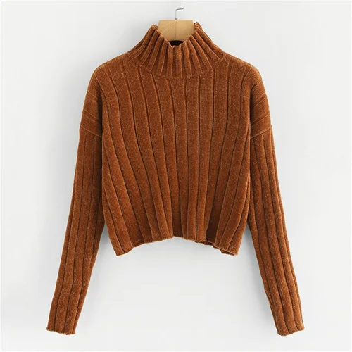 Coffee Dotfashion кофейный укороченный свитер с высокой горловиной Женский Повседневный простой Осенняя приталенная одежда с длинным рукавом Женский Пуловер Джемпер - Цвет: Coffee