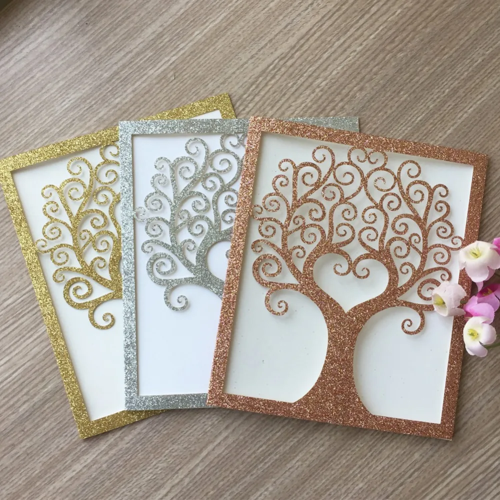 

50pcs Glitter rose Gold Silver Color Beautiful Birthday Party tree Wedding Invitation Cards Adult Ceremony card blessing card