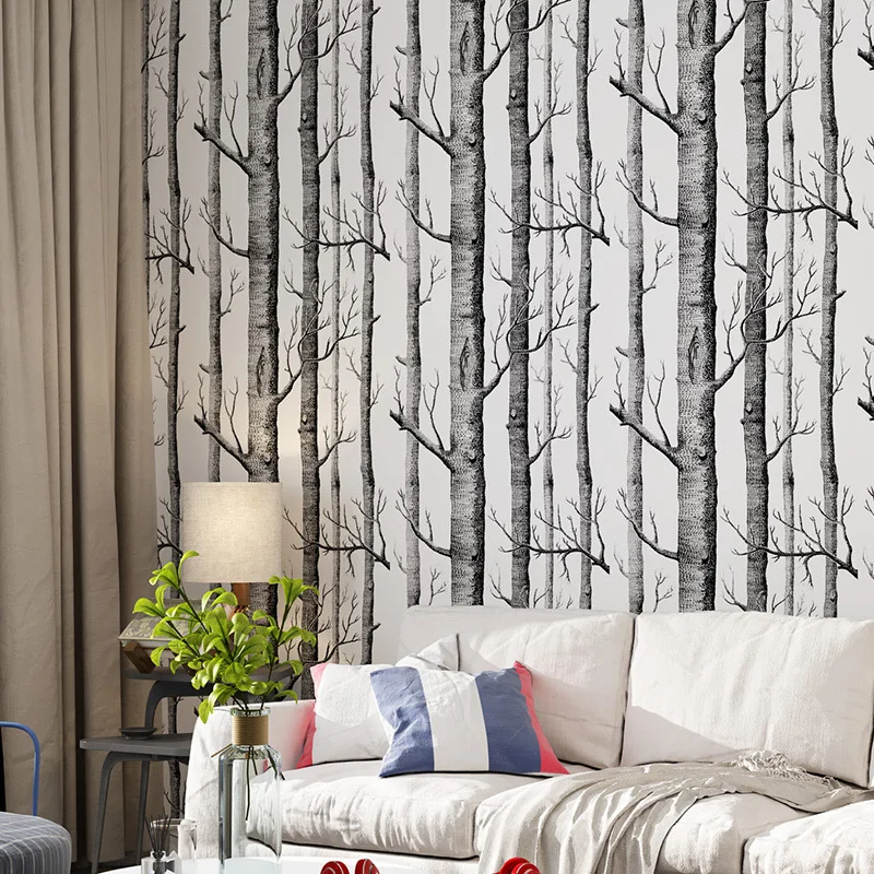 

Modern style 3D stereo thicken black and white birch trees wallpaper Simulation wood grain non-woven wall pattern decor TV wall living bedroom art papel de pared