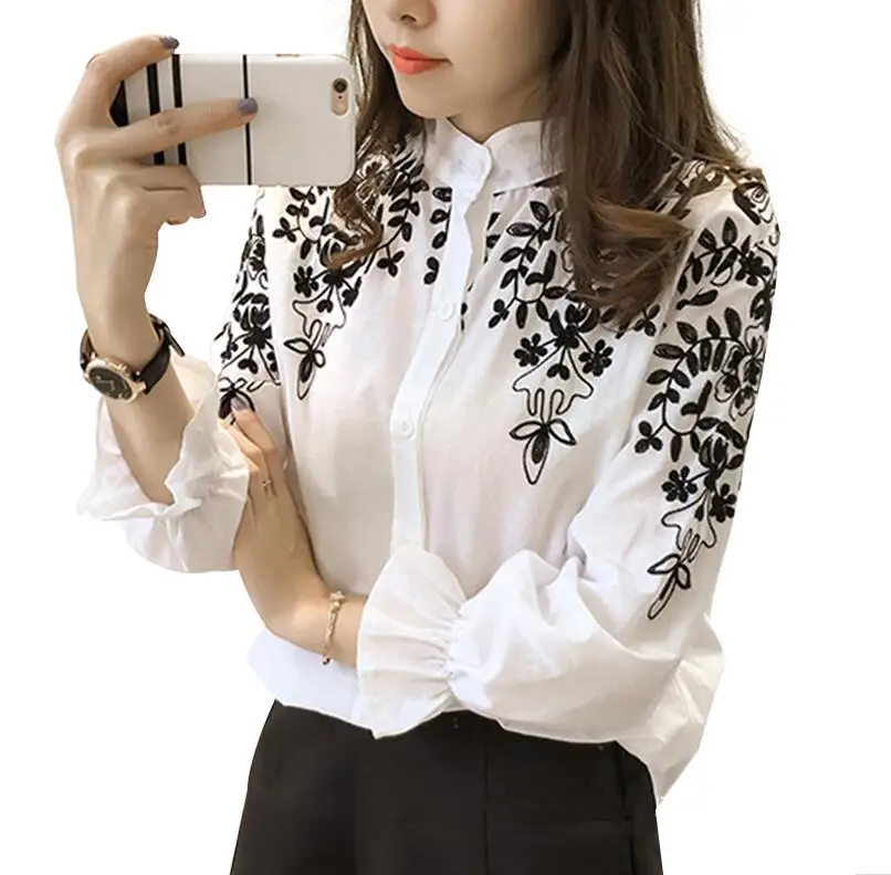 Блузка с вышивкой хлопковое нижнее белье женская блузка camisas femininas белые черные