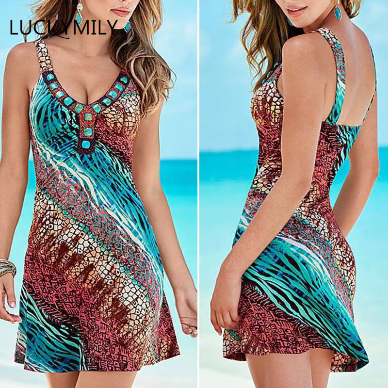 Luckymily Bohemian Plus плюс размер женские летние без рукавов пляжные Повседневные