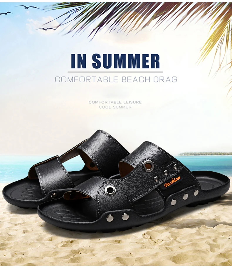 VKERGB Male flip flops Men sandals Mens slippers outdoor Summer sandals for men Brand leather shales house slippers man Blue Hot