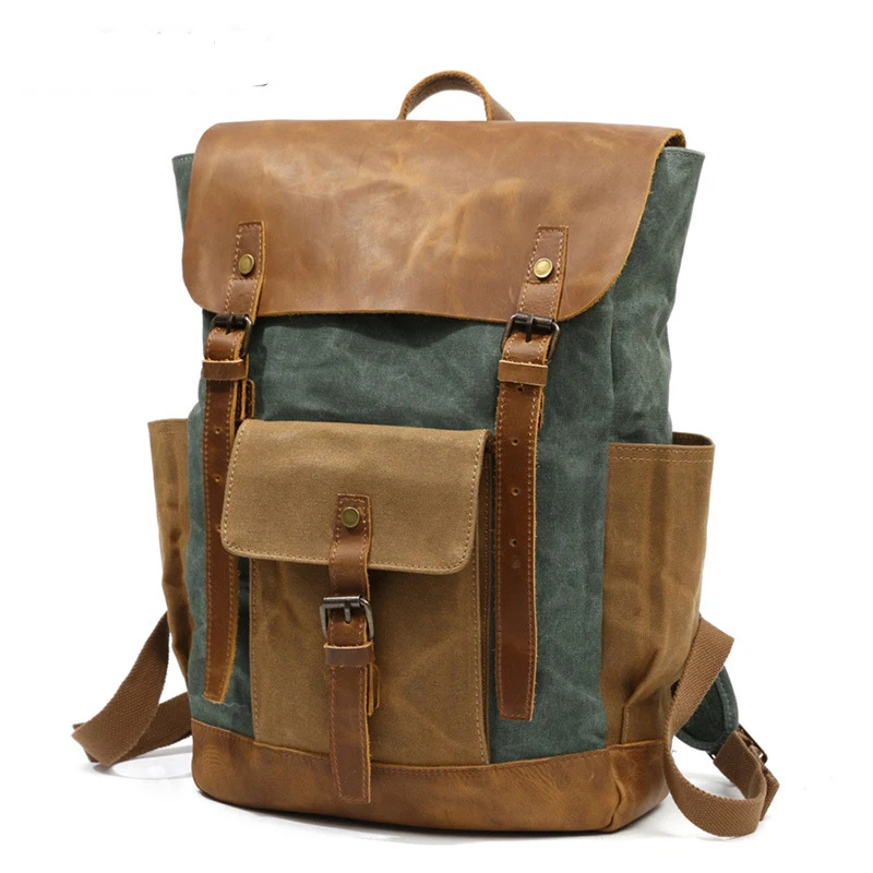 Retro Contrast Oil Wax Waterproof Canvas Bag Travel Backpack Computer Schoolbag Large Capacity Women Backpack