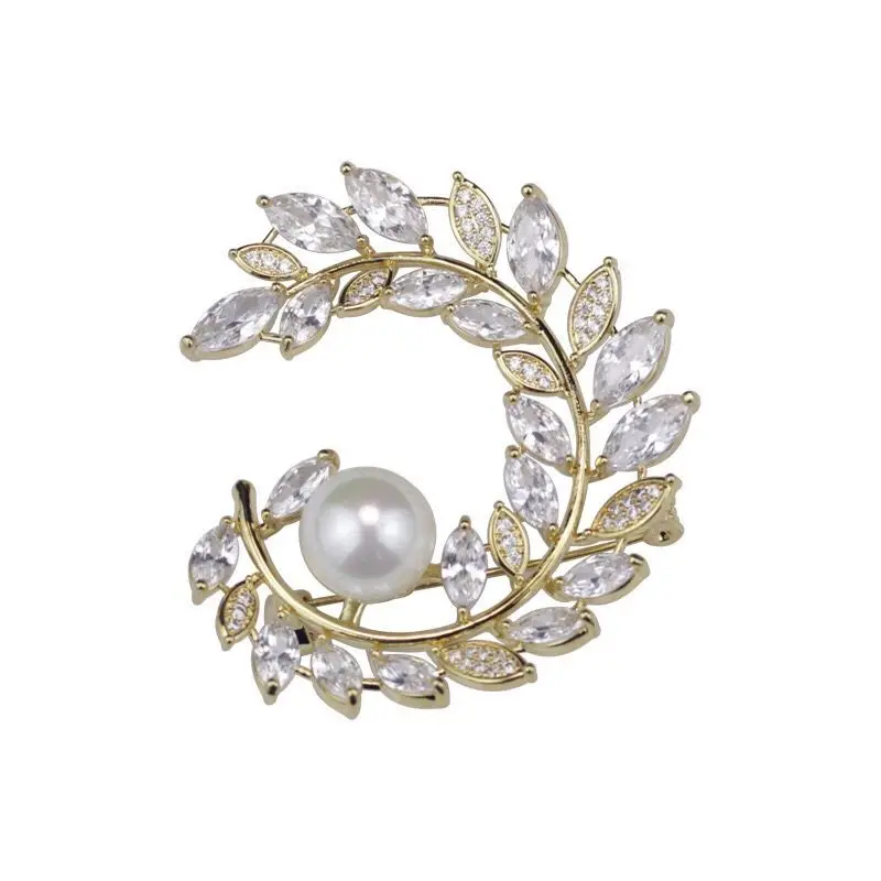 MxGxFam CZ Leaves and Pearl Brooches For Women AAA+ Cubic Zircon 18 k Yellow Gold Color | Украшения и аксессуары