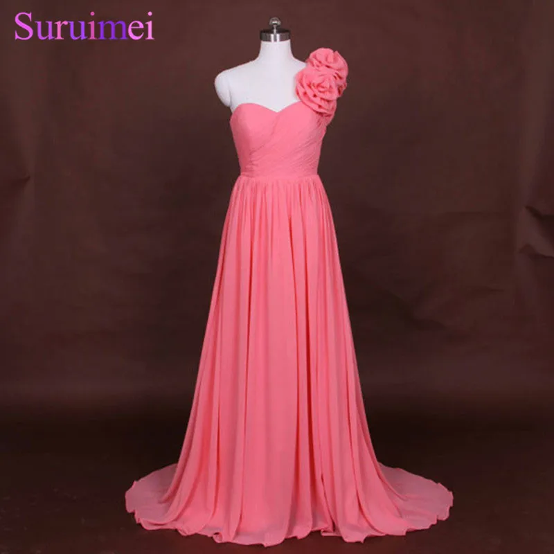 

Handmade Flower Chiffon Bridesmaid Dress Corset One Shoulder Sweetheart High Quality Coral Maid Of Honor Vestidos De