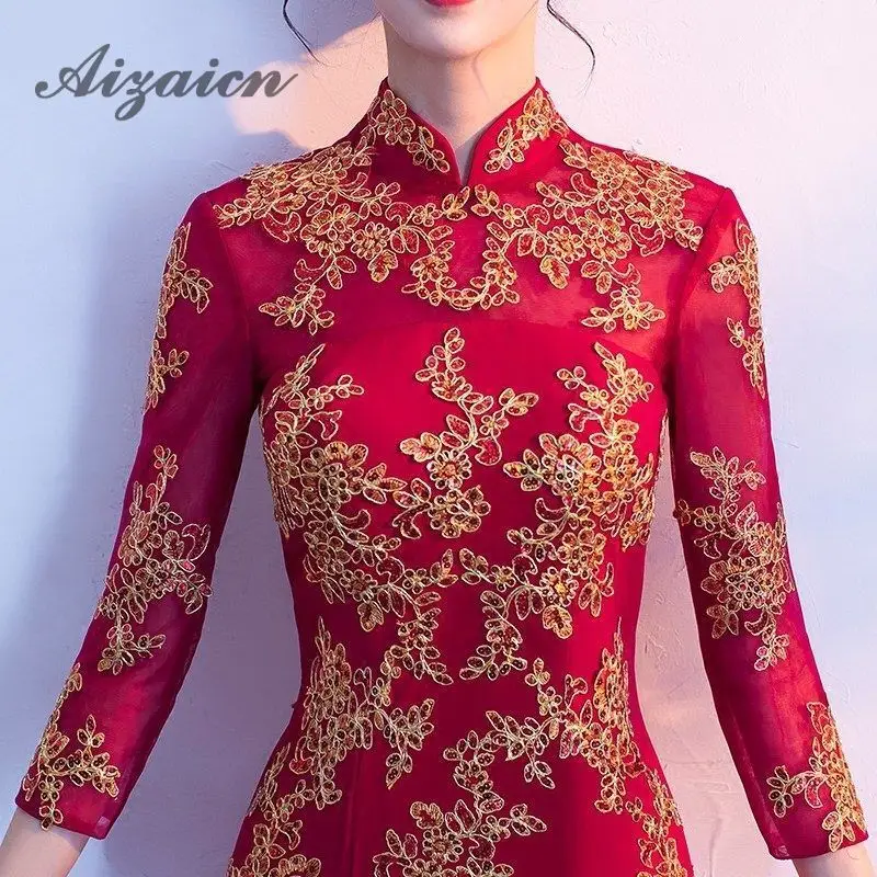 

Red Mermaid Wedding Dress Elegant Traditional Evening Gown Cheongsam Dress Sexy Long Qipao Embroidery Bridesmaid Dresses Wine