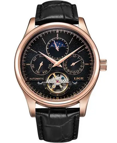 gold black LIGE, Брендовые женские часы, автоматические механические часы, спортивные часы, кожаные, повседневные, деловые, наручные часы, золотые, Relojes Mujer Montre Femme - Цвет: gold black