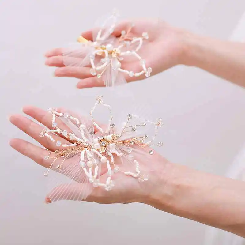 

Handmade Beads Wrinkle Yarn Bridal Headpiece Flower Hairpin For Wedding Bridesmaid Hairgrips Gentlewomanly Accessories XL065