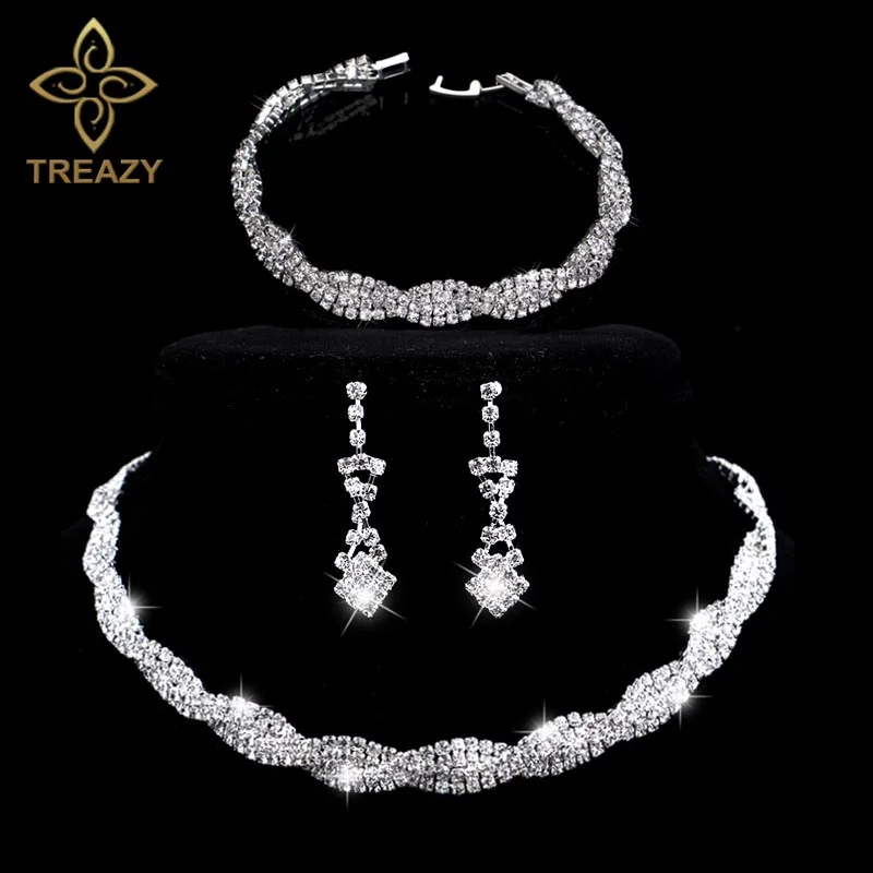 

Комплект женских ювелирных украшений TREAZY, ожерелье, серьги, браслет, Посеребренные стразы с кристаллами, свадебные украшения