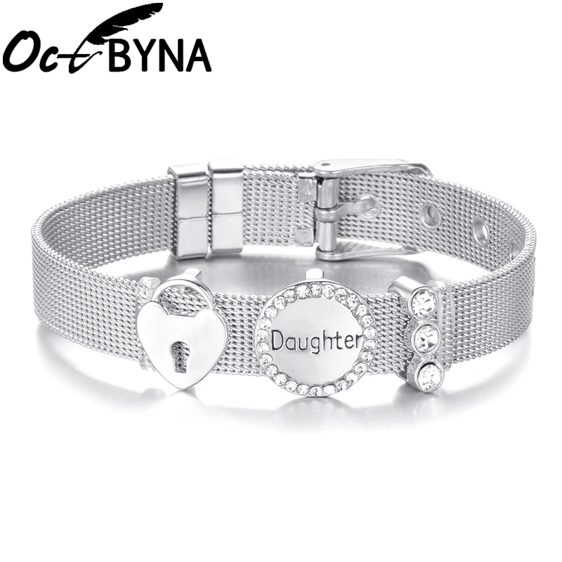 Octbyna DIY браслет из нержавеющей стали стразы сердце замок дочь сетчатый Браслет