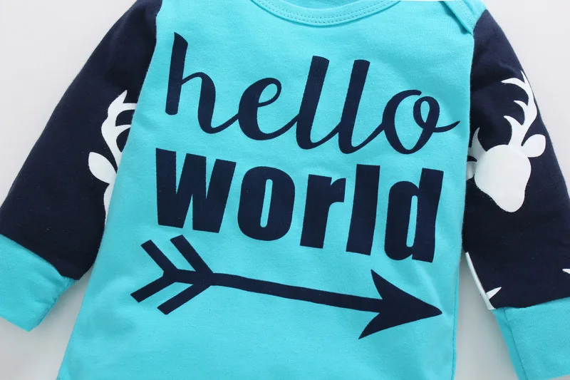 Baby boy girls clothing 3 pieces suit Hello world printed T-shirt + Deer printTrousers+ Hat Children Kids sets | Детская одежда и