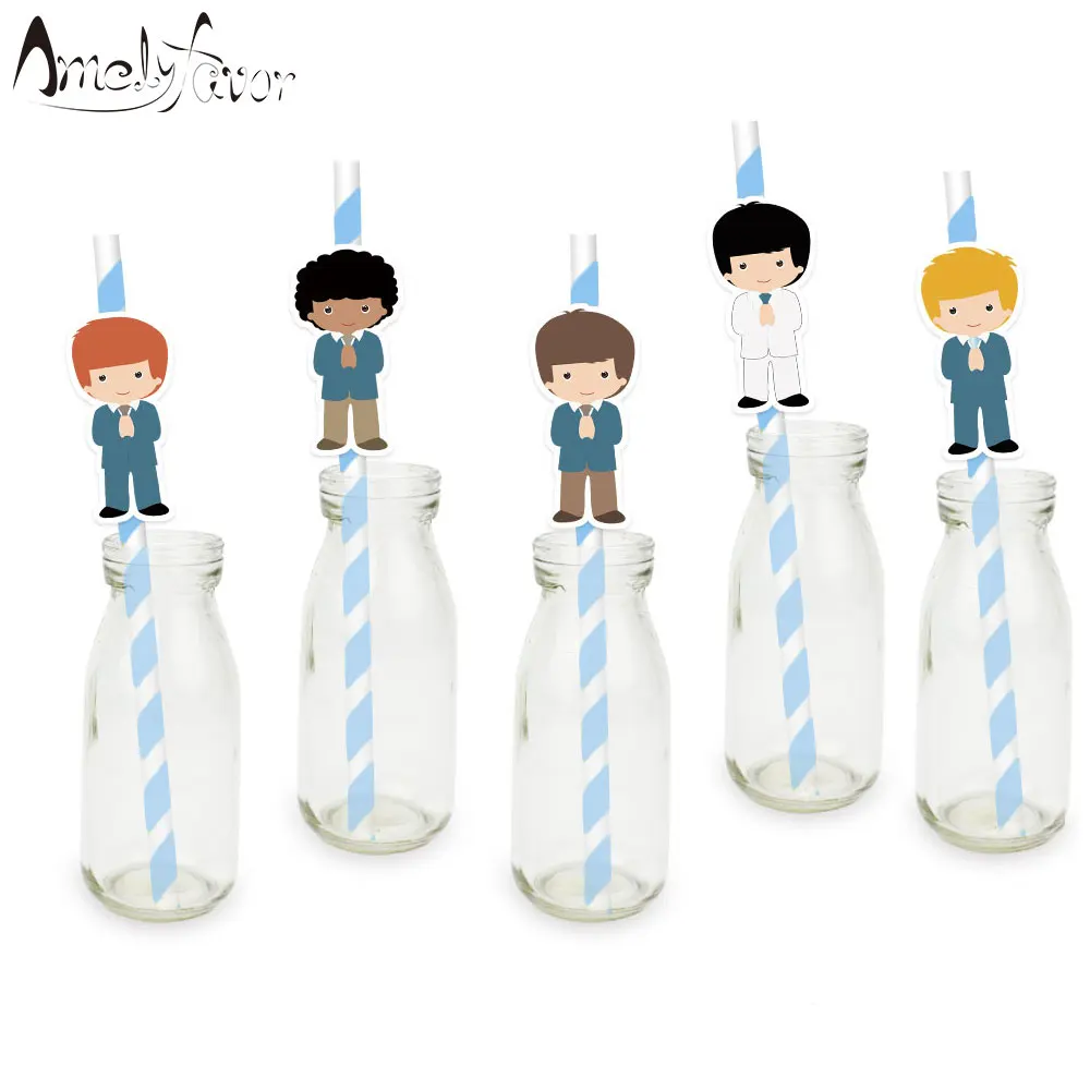 

My First Communion Theme Party Straws Series 1 Boys Paper Straws Wedding Birthday Event Party Boy Straw Decorations Supplies
