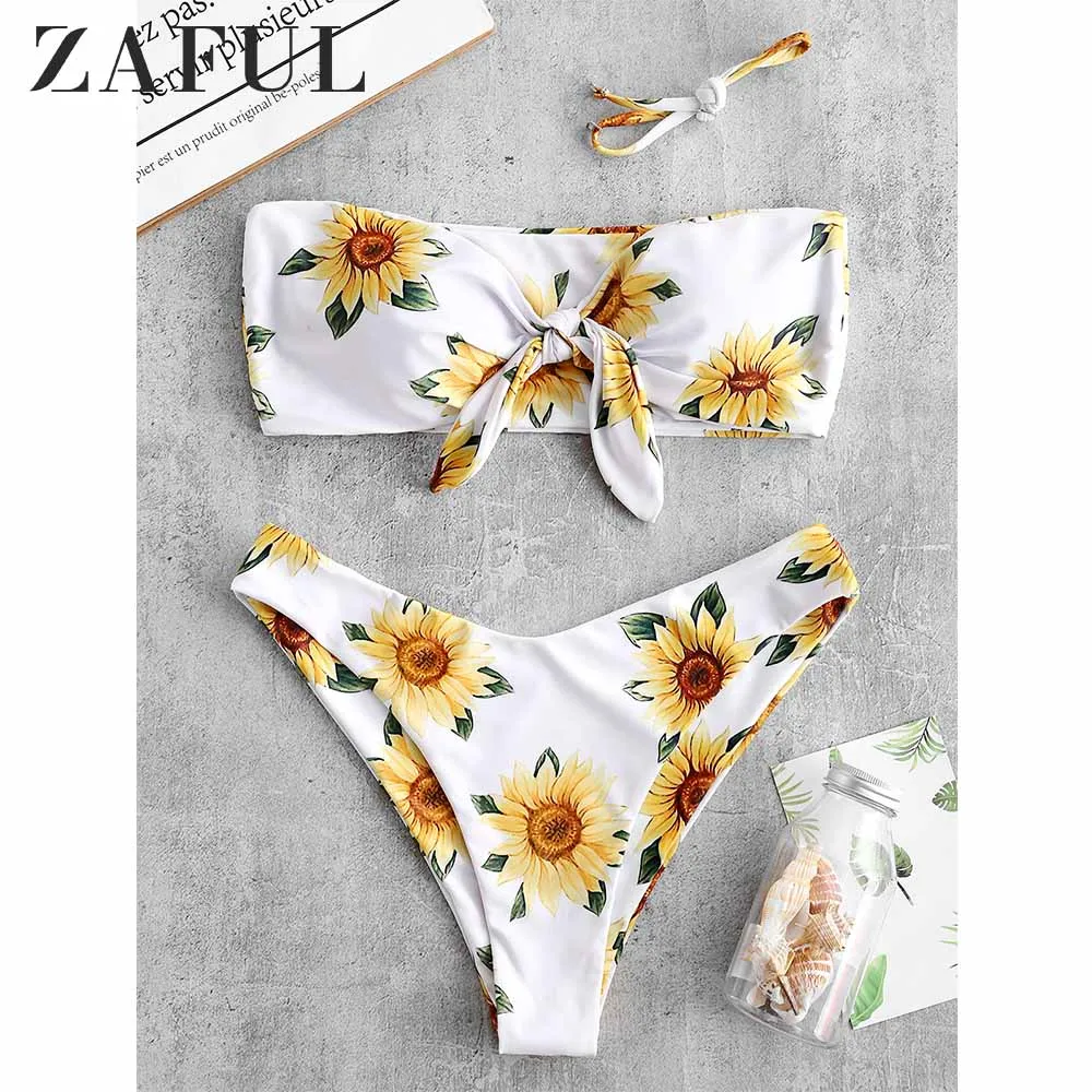ZAFUL Подсолнечника Печати Узел Бандо Бикини Комплект 2019 Провод Без Бретелек