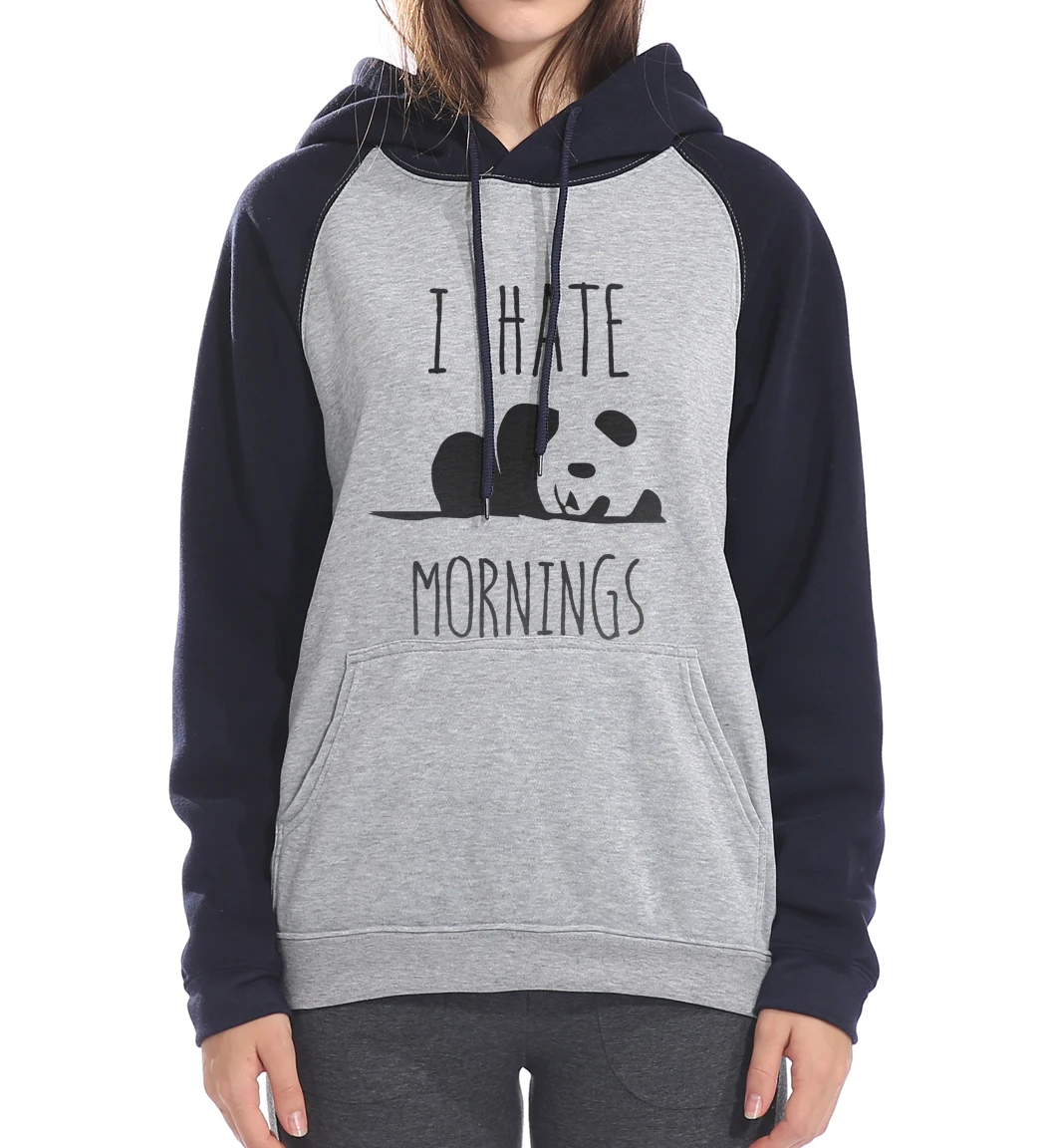 Женская толстовка с капюшоном Panda I HATE MORNINGS флисовая длинным рукавом реглан