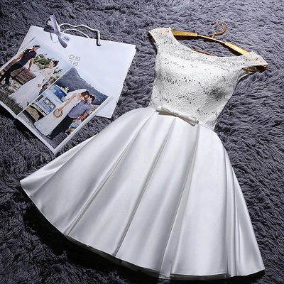 beige white Кружевное Платье До Колена без рукавов с блестками для женщин, красное платье для невесты, короткие платья для невесты creme - Цвет: beige white