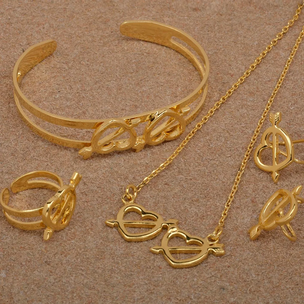 Anniyo Heart Jewelry sets Children Gold Color Necklace Earrings Ring Bangle for Kids Ethiopian African Arab Gift #062302 | Украшения и
